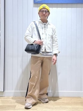「アイテム（デニムジャケット、ホワイト系）」を使った、Maeさん（メンズ・170cm）の冬コーディネート