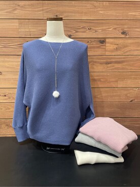 「DRESKIP（ドレスキップ）の【洗える】上品で華やかに アンジェリーナ ドルマンニット（ニット/セーター、ブルー系）」を使った、まるよOTさん（レディース・164cm）の冬コーディネート