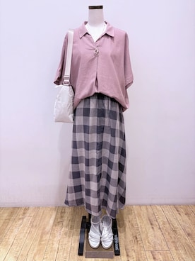「SHOO・LA・RUE（シューラルー）の【S-LL/UV/ひんやり/抗菌防臭】体型を自然にカバー フレンチリネンブレンド襟付ドルマンシャツ（シャツ/ブラウス、ピンク系）」を使った、まるよOTさん（レディース・164cm）の夏コーディネート