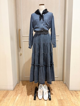 「SHOO・LA・RUE（シューラルー）の【UV/体型カバー/S-LL/綿100%】優しく透ける 柔らかシアーデニムシャツ（シャツ/ブラウス、ブルー系）」を使った、まるよOTさん（レディース・164cm）の春コーディネート