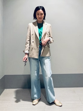 「DRESSTERIOR（ドレステリア）の【ウォッシャブル】コットンシルクフレンチスリーブニット（ニット/セーター、グリーン系）」を使った、Furuさん（レディース・164cm）の春コーディネート
