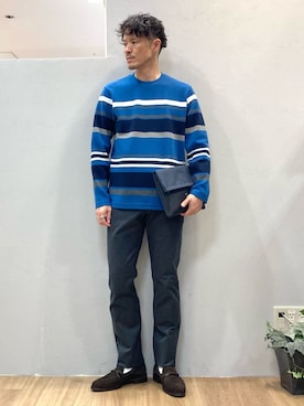 「アイテム（クラッチバッグ、ブルー系）」を使った、シュンさん（メンズ・167cm）の冬コーディネート