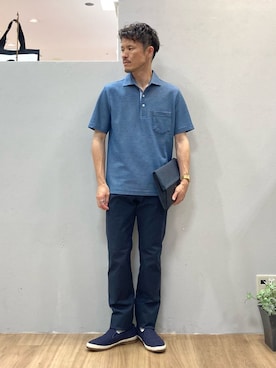 「アイテム（クラッチバッグ、ブルー系）」を使った、シュンさん（メンズ・167cm）の夏コーディネート