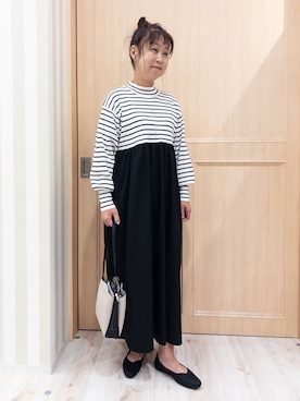 「DRESKIP（ドレスキップ）の【S-LL】リブニットドッキングワンピース（ワンピース、ホワイト系）」を使った、モランさん（レディース・160cm）の冬コーディネート