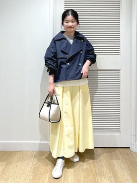 「Dessin（デッサン）の【洗える】ショートトレンチジャケット（テーラードジャケット、ブルー系）」を使った、Harunaさん（レディース・160cm）の春コーディネート