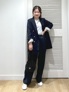 「Dessin（デッサン）の金ボタンダブルジャケット（テーラードジャケット、ブルー系）」を使った、Harunaさん（レディース・160cm）の春コーディネート