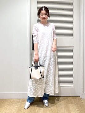 「Dessin（デッサン）の【洗える】刺繍柄インドレースキャミワンピース（ワンピース、ホワイト系）」を使った、Harunaさん（レディース・160cm）の春コーディネート