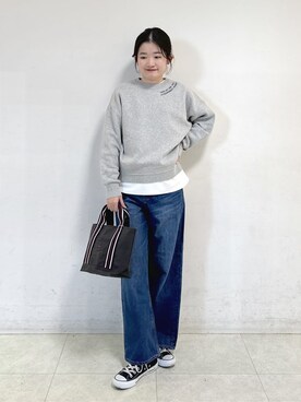 「Dessin（デッサン）の【ユニセックス/洗える】ロゴ刺繍入りコットンジャカード（ニット/セーター、グレー系）」を使った、Harunaさん（レディース・160cm）の冬コーディネート