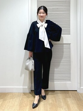 「Dessin（デッサン）の【入卒/セレモニー/セットアップ可能/洗える】バックフリルテントラインジャケット（ノーカラージャケット、ブルー系）」を使った、Harunaさん（レディース・160cm）の冬コーディネート