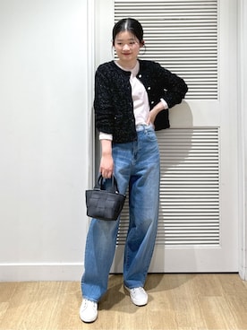 「Dessin（デッサン）の【洗える】ニットツィードカーディガン（カーディガン/ボレロ、ブラック系）」を使った、Harunaさん（レディース・160cm）の春コーディネート
