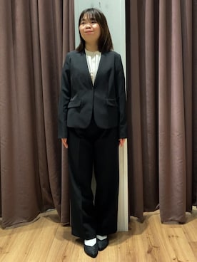 「grove（グローブ）の【マシンウォッシュ／防シワ/SS-3L】ストレッチノーカラージャケット（ノーカラージャケット、ブラック系）」を使った、みちゃさん（レディース・150cm）の冬コーディネート
