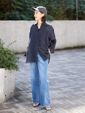 「SLOBE IENA（スローブイエナ）のリネンコットンカシュクールシャツ（シャツ/ブラウス、ブルー系）」を使った、Kamiyaさん（レディース・164cm）の夏コーディネート