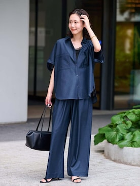 「SLOBE IENA（スローブイエナ）の《2枚セット/》デニムライクセットアップ（シャツ/ブラウス、ブルー系）」を使った、Kamiyaさん（レディース・164cm）の夏コーディネート