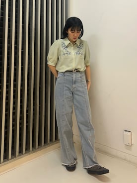 「NICOLE CLUB（ニコル　クラブ）のボタニカル刺繍ブラウス（シャツ/ブラウス、グリーン系）」を使った、nunicoleclubさん（レディース・160cm）の春コーディネート