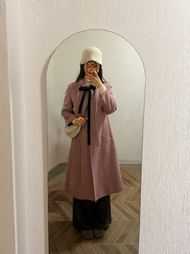 「アイテム（ニットキャップ/ビーニー、ホワイト系）」を使った、mirizさん（レディース・172cm）の冬コーディネート