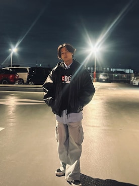 「アイテム（ライダースジャケット）」を使った、isnr7nさん（メンズ・167cm）の冬コーディネート