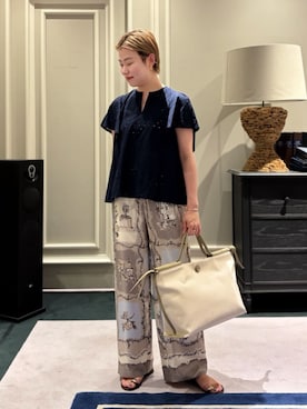 「BALLSEY（ボールジィ）のアイレットダイヤエンブロイダリー バタフライスリーブブラウス（シャツ/ブラウス、ブルー系）」を使った、Inoue_TOMORROWLANDさん（レディース・162cm）の夏コーディネート