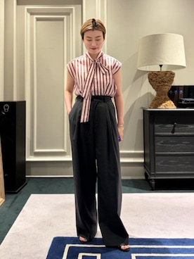 「MACPHEE（マカフィー）のプラムシアーストライプ ボウタイブラウス（シャツ/ブラウス、ピンク系）」を使った、Inoue_TOMORROWLANDさん（レディース・162cm）の夏コーディネート