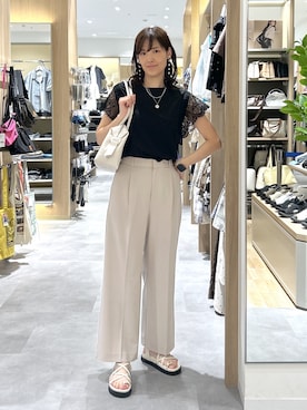 「GLOBAL WORK（グローバルワーク）のひんやり涼しい/フローズン袖レースプルオーバー半袖/665876（Tシャツ/カットソー、ブラック系）」を使った、まーやさん（レディース・169cm）の夏コーディネート