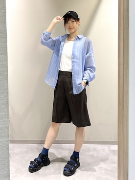 「GLOBAL WORK（グローバルワーク）のNEW ERA別注/920SB/26/616801（キャップ、ブラック系）」を使った、まーやさん（レディース・169cm）の夏コーディネート