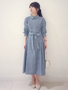 「index（インデックス）のラメストライプシャツワンピース【洗濯機OK/イージーアイロン】（ワンピース、ブルー系）」を使った、あやなさんの秋コーディネート