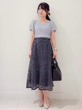 「index（インデックス）の《6色展開》フェザーパフスリーブVネックニット【洗濯機洗い可】（ニット/セーター、ブルー系）」を使った、あやなさんの夏コーディネート
