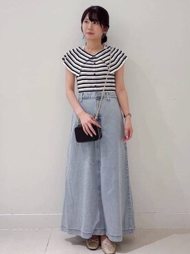 「index（インデックス）の前後2wayオフショルビッグカラーニット【洗濯機洗い可/抗ピル】（ニット/セーター、ホワイト系）」を使った、あやなさんの夏コーディネート
