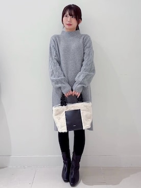 「index（インデックス）のウール混ケーブルスリーブミニワンピース【洗濯機OK】（ワンピース、グレー系）」を使った、あやなさんの秋コーディネート