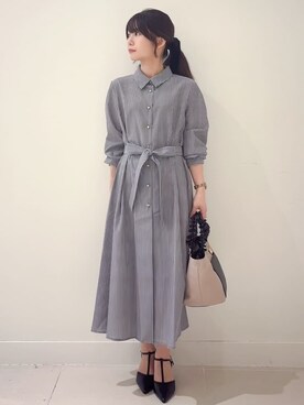 「index（インデックス）のラメストライプシャツワンピース【洗濯機OK/イージーアイロン】（ワンピース、ブラック系）」を使った、あやなさんの秋コーディネート