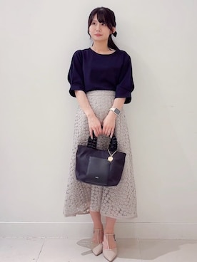 「index（インデックス）のパフスリーブトップス【洗濯機洗い可】（Tシャツ/カットソー、ブルー系）」を使った、あやなさんの夏コーディネート