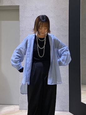 「LEPSIM（レプシィム）のシアーシャツ長袖チュニック　147435（シャツ/ブラウス、ブルー系）」を使った、チヒロさん（レディース・162cm）の春コーディネート
