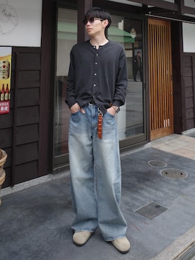 「WYM LIDNM（ウィム バイ リドム）のT/C CREW COMPACT CARDIGAN（カーディガン/ボレロ、グレー系）」を使った、Ryoさん（メンズ・172cm）の春コーディネート