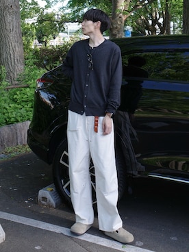 「LIDNM（リドム）のDOUBLE KNEE NEP TROUSERS（スラックス、ホワイト系）」を使った、Ryoさん（メンズ・172cm）の春コーディネート