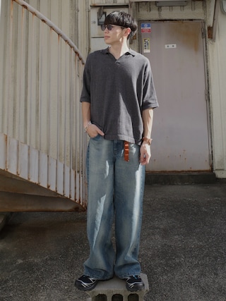 「WYM LIDNM（ウィム バイ リドム）のPIN BORDER KNIT POLO（ポロシャツ）」を使った、Ryoさん（メンズ・172cm）の夏コーディネート