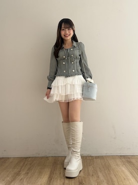 「MAJESTIC LEGON（マジェスティックレゴン）のバックリボン厚底ロングブーツ（ブーツ、ホワイト系）」を使った、はなのさんの秋コーディネート