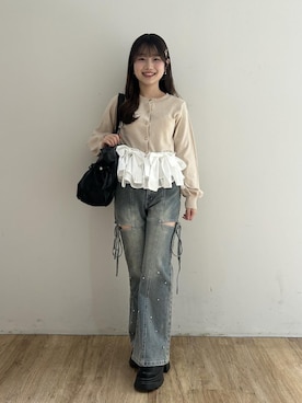 「MAJESTIC LEGON（マジェスティックレゴン）のギャザーリボントートバッグ（トートバッグ、ブラック系）」を使った、はなのさんの秋コーディネート