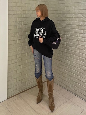 「HYSTERIC GLAMOUR（ヒステリックグラマー）のHYS UNIVERSITY パーカー（パーカー、ブラック系）」を使った、sansanさん（レディース）の春コーディネート