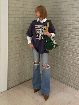 「HYSTERIC GLAMOUR（ヒステリックグラマー）のローライズフレアデニムパンツ（デニムパンツ、ブルー系）」を使った、sansanさん（レディース）の春コーディネート
