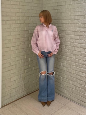 「HYSTERIC GLAMOUR（ヒステリックグラマー）のローライズフレアデニムパンツ（デニムパンツ、ブルー系）」を使った、sansanさん（レディース）の春コーディネート