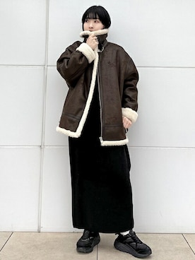 「AP STUDIO（エーピーストゥディオ）のアイテム（ライダースジャケット）」を使った、ISHIIさん（レディース・158cm）の冬コーディネート