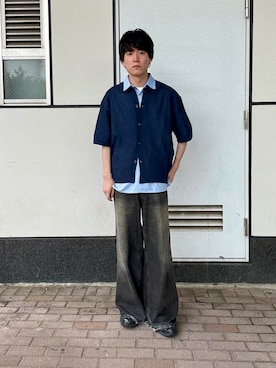 「SENSE OF PLACE by URBAN RESEARCH(センスオブプレイスバイアーバンリサーチ)の『一部WEB限定カラー』『イージーケア』リネンブレンドシアーニットシャツ(ニット/セーター、ブルー系)」を使った、kainanさん(メンズ・176cm)の夏コーディネート
