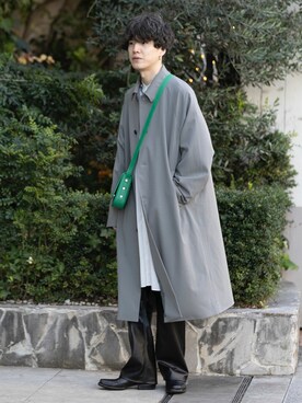 「ロングシャツ」｜「アイテム（ステンカラーコート）」を使った、kainanさん（メンズ・176cm）の冬コーディネート