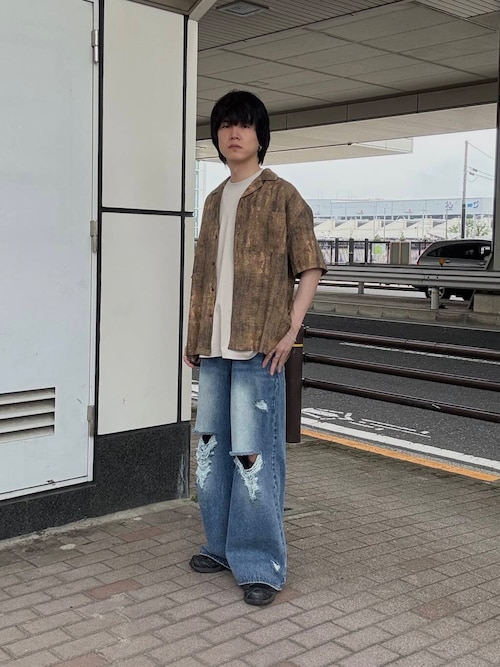 『ユニセックス』ダメージデニムワイドパンツ