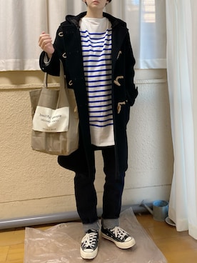 「バスクシャツ」｜「アイテム（ダッフルコート）」を使った、ぷにさん（レディース・165cm）の冬コーディネート