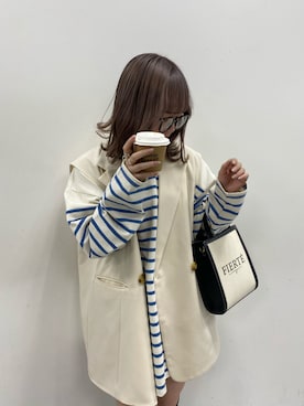 「one after another NICE CLAUP（ワンアフターアナザーナイスクラップ）のパネルボーダートップス（Tシャツ/カットソー、ブルー系）」を使った、mayukoさん（レディース・147cm）の冬コーディネート