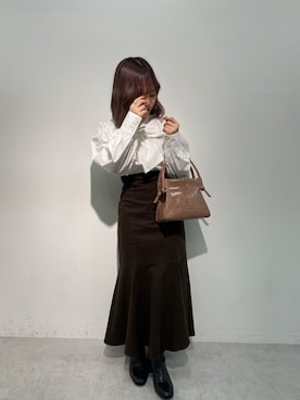 「one after another NICE CLAUP（ワンアフターアナザーナイスクラップ）のボウタイピコレースブラウス（シャツ/ブラウス、ホワイト系）」を使った、mayukoさん（レディース・147cm）の秋コーディネート