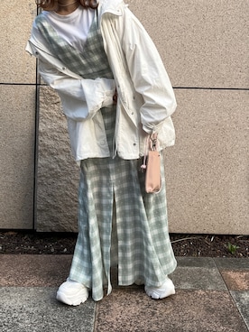 「one after another NICE CLAUP（ワンアフターアナザーナイスクラップ）のstaff考案商品 前後2wayブラウスセットワンピース（ワンピース、グリーン系）」を使った、mayukoさん（レディース・147cm）の春コーディネート