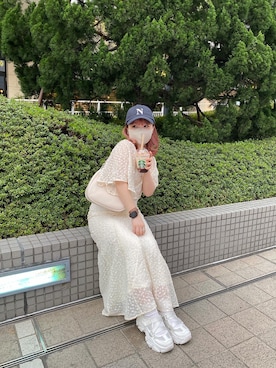 「one after another NICE CLAUP（ワンアフターアナザーナイスクラップ）のflower刺しゅうワンピ（ワンピース、ホワイト系）」を使った、mayukoさん（レディース・147cm）の春コーディネート