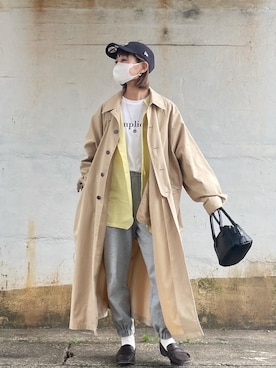 「イエローコーデ」｜「アイテム（ステンカラーコート）」を使った、chamiさん（レディース・158cm）の春コーディネート