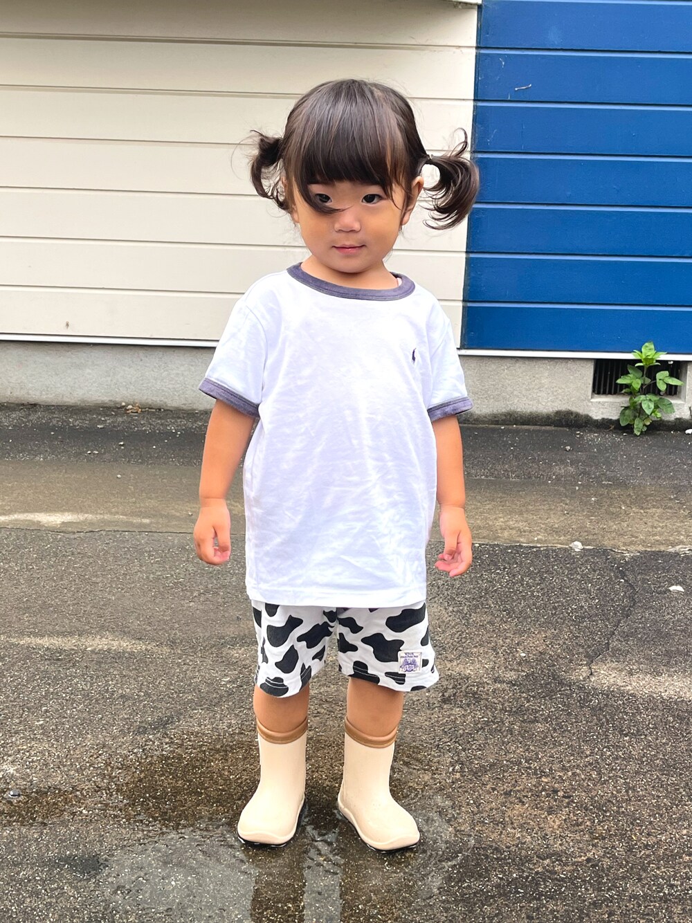 「キッズファッション、女の子、ショートパンツ、Tシャツ、保育園コーデ、１歳８ヶ月、1歳、リンガーTシャツ」｜「POLO RALPH LAURENのアイテム（Tシャツ/カットソー、ホワイト系）」を使った、yuzuneさん（キッズ・90cm）の夏コーディネートの1枚目の写真
